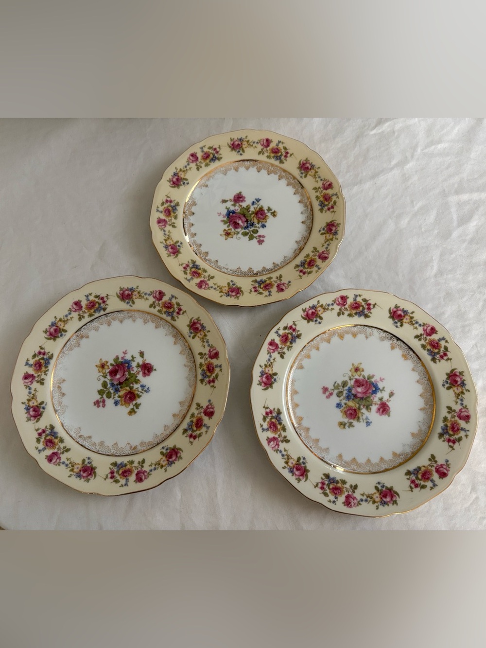Set of 3 Vintage Japan Gold Castle Hostess Salad  Cake Plate Flowers